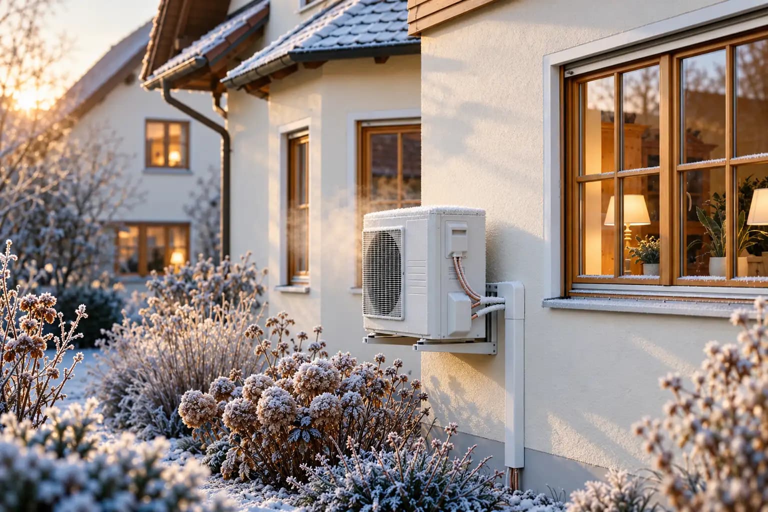 Außengerät einer Klimaanlage im Frost, das als Wärmepumpe heizt