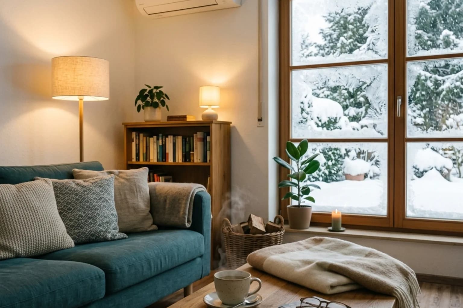 Wohnraum im Winter: warmes Licht innen, Schnee vor dem Fenster, Luft-Luft-Wärmepumpe an der Wand