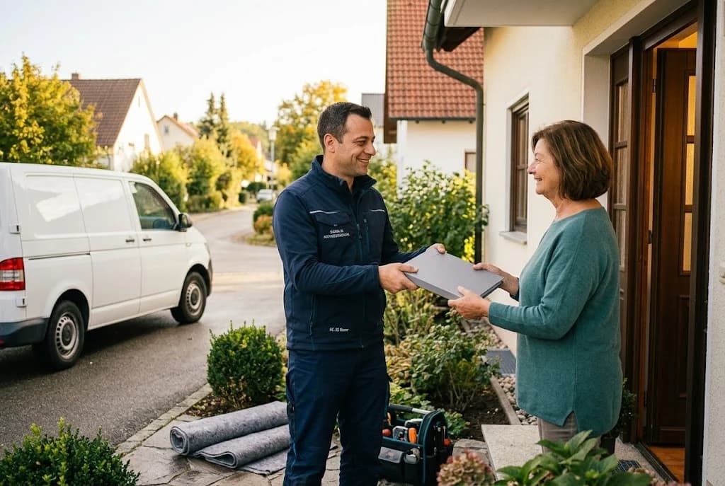 Fachbetrieb bei Ankunft, deckt Möbel für die Montage ab