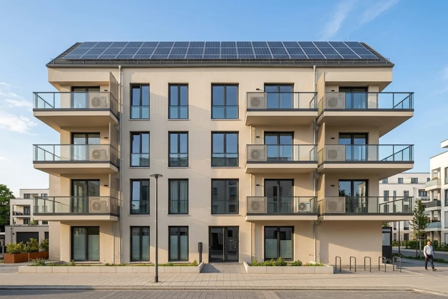 Mehrfamilienhaus mit nachgerüsteten Split-Klimaanlagen für die Hausverwaltung